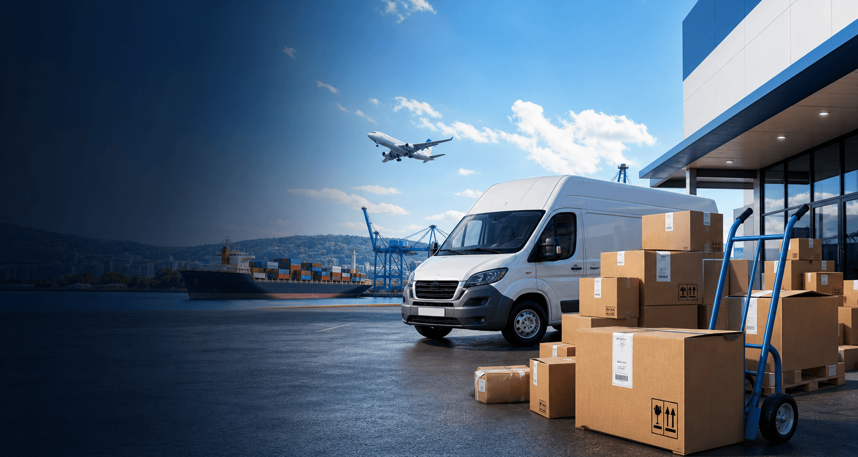 Courier van, packages, airplane, and cargo ship for freight forwarding
