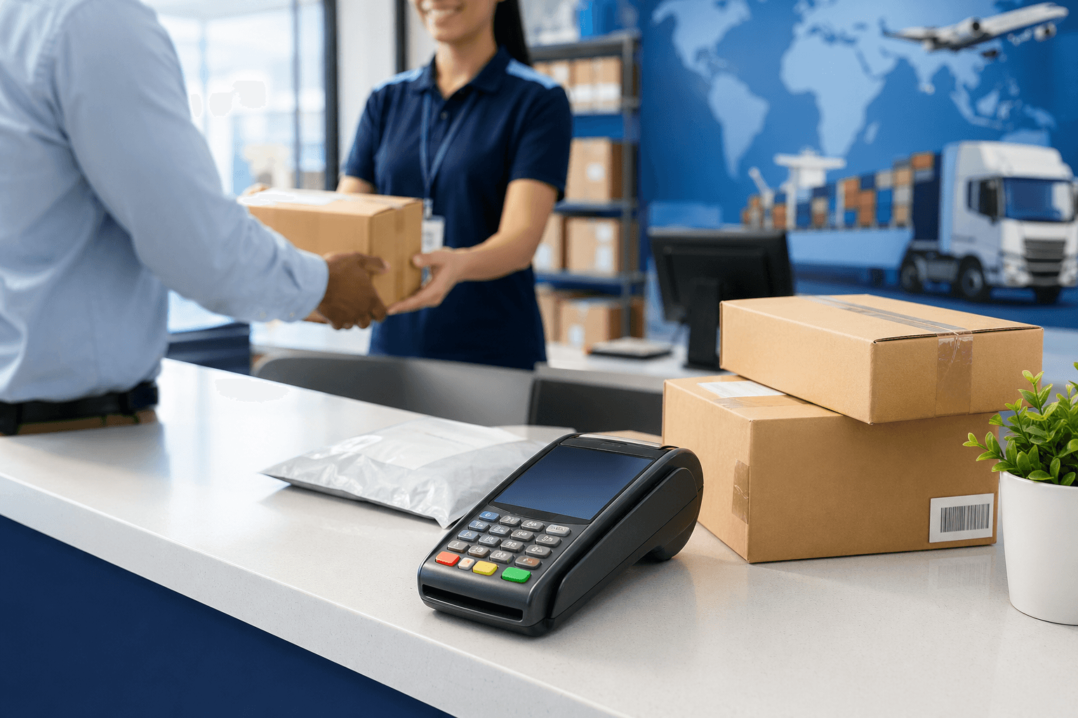 Courier pickup counter with packages and card payment terminal